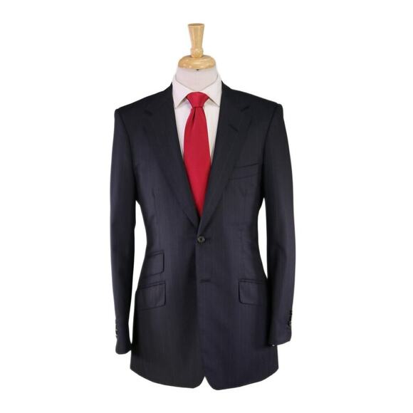 Edgar Pomeroy Bespoke Navy Blue Pinstripe 2B Super 150's Wool Handmade Suit 38L